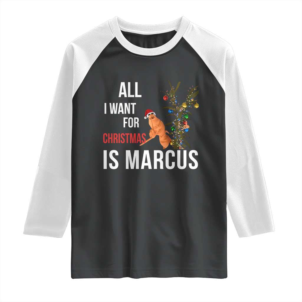 Marcus The Worm Robert Christmas Meme Raglan Shirt All I Want For Xmas Is Marcus - Wonder Print Shop