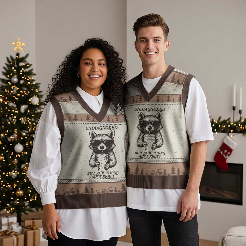 Undiagnosed But Something Aint Right V-Neck Knit Sweater Vest Funny Racoon Saying - Wonder Print Shop