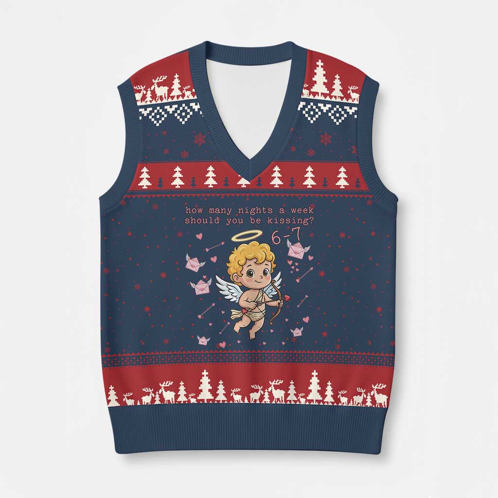 67 Valentine Meme V-Neck Knit Sweater Vest Funny Six Seven Cupid Saying - Wonder Print Shop