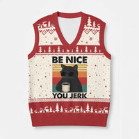 Be Nice You Jerk V-Neck Knit Sweater Vest Funny Black Cat Sarcastic Quote