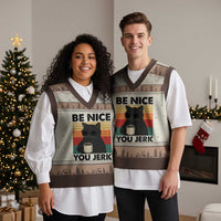 Be Nice You Jerk V-Neck Knit Sweater Vest Funny Black Cat Sarcastic Quote