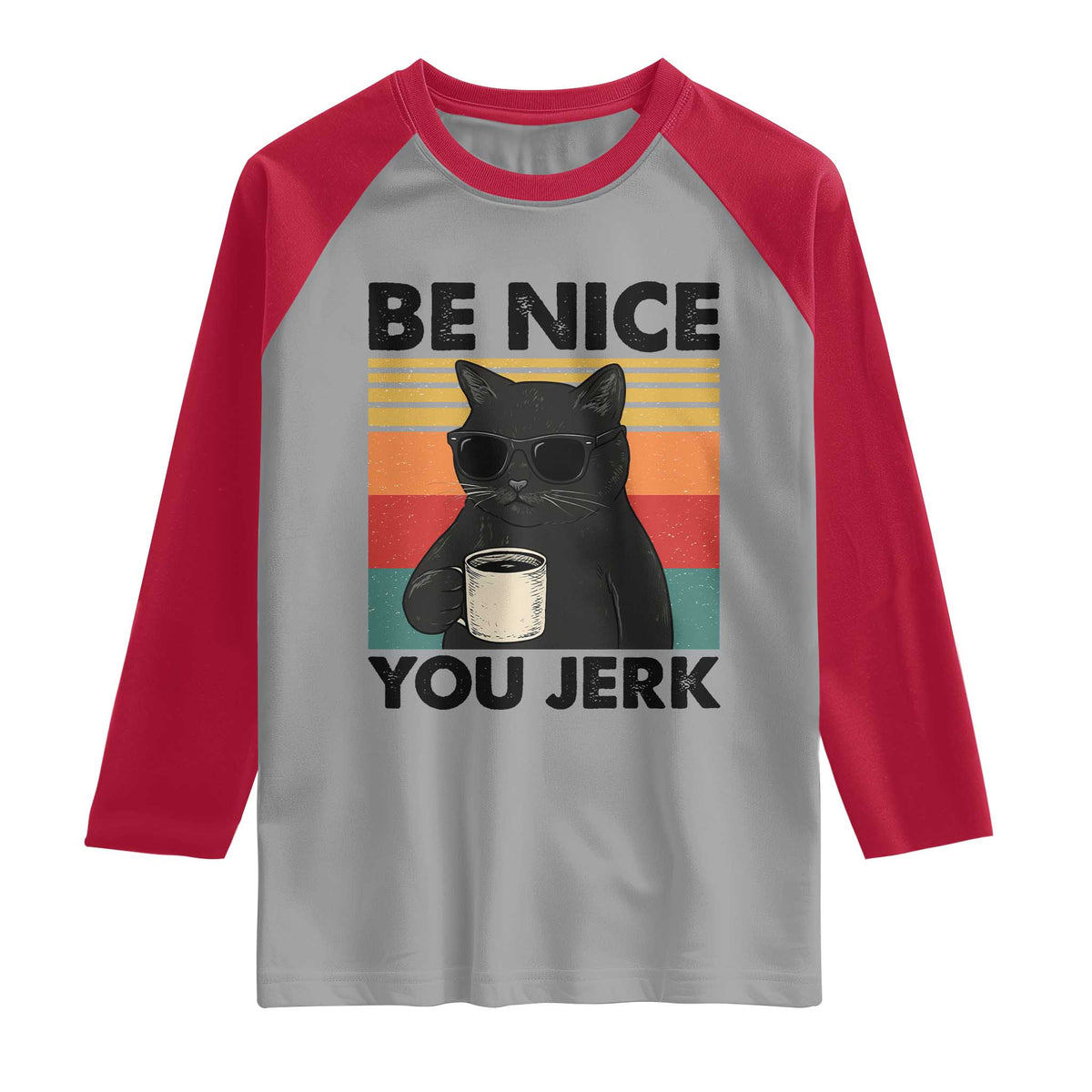 Be Nice You Jerk Raglan Shirt Funny Black Cat Sarcastic Quote