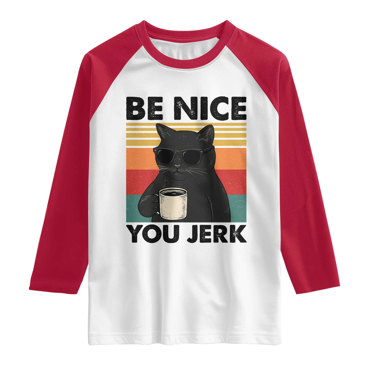 Be Nice You Jerk Raglan Shirt Funny Black Cat Sarcastic Quote