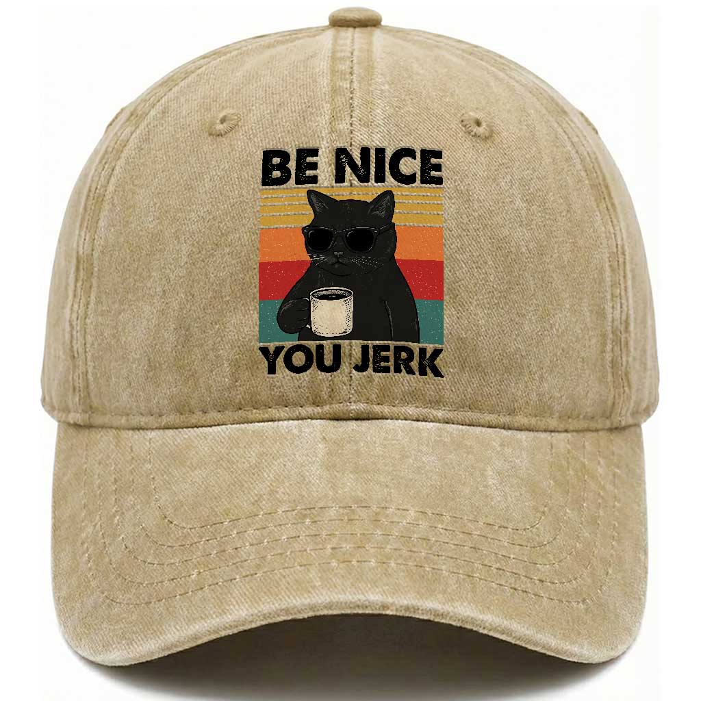 Be Nice You Jerk Washed Cotton Baseball Cap Funny Black Cat Sarcastic Quote