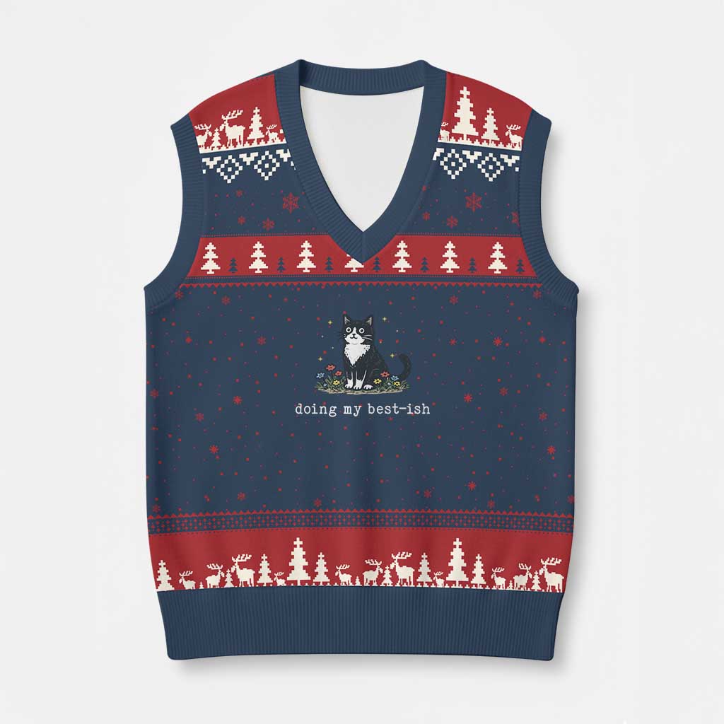 Doing My Best-ish V-Neck Knit Sweater Vest Funny Cat Sarcastic Joke