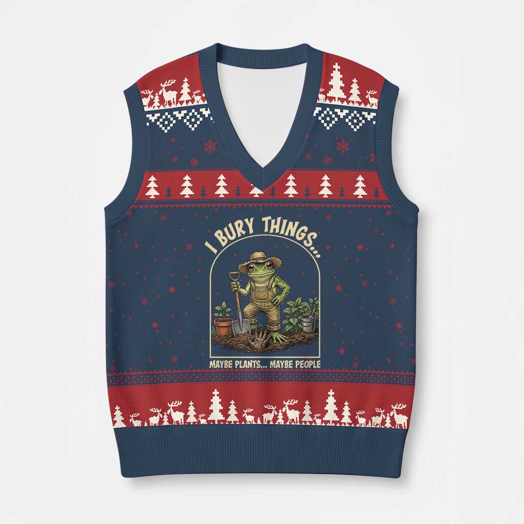 I Bury Things Maybe Plants Maybe People V-Neck Knit Sweater Vest Funny Gardening Frog Meme