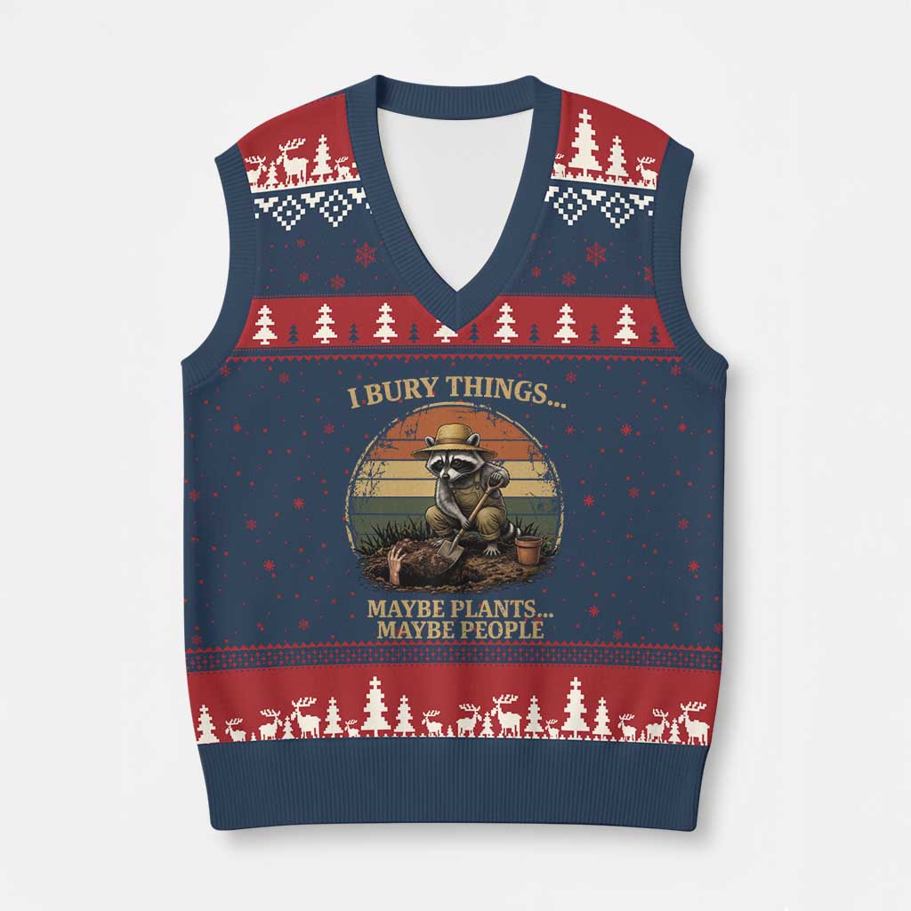 I Bury Things Maybe Plants Maybe People V-Neck Knit Sweater Vest Funny Gardening Raccoon Meme