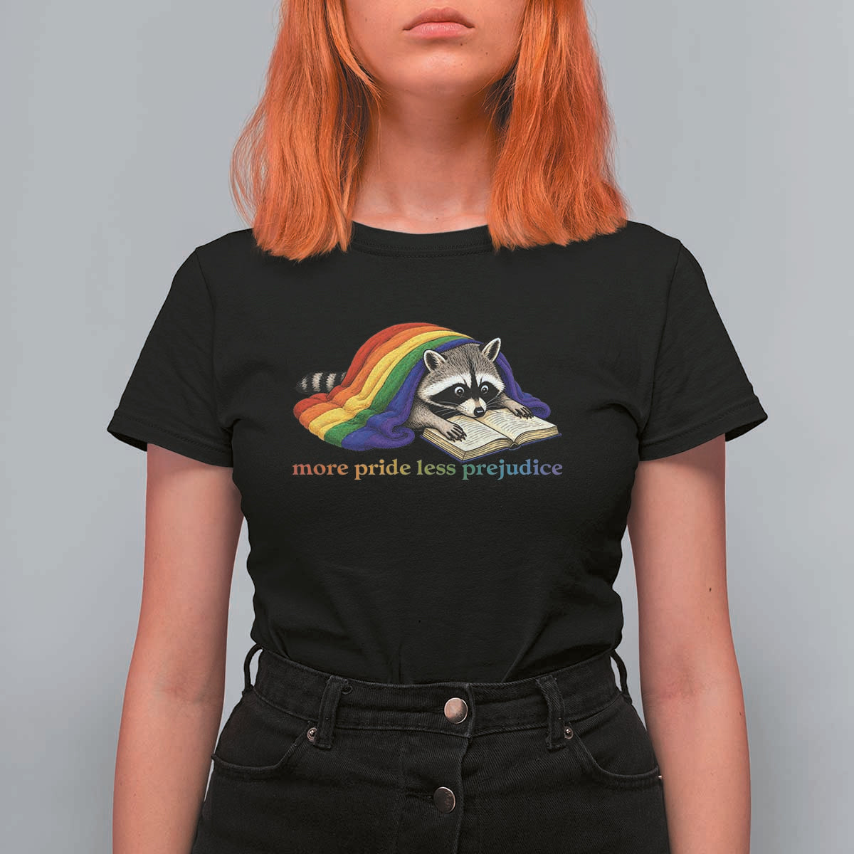 More Pride Less Prejudice T Shirt For Women LGBT Raccoon Book Lover
