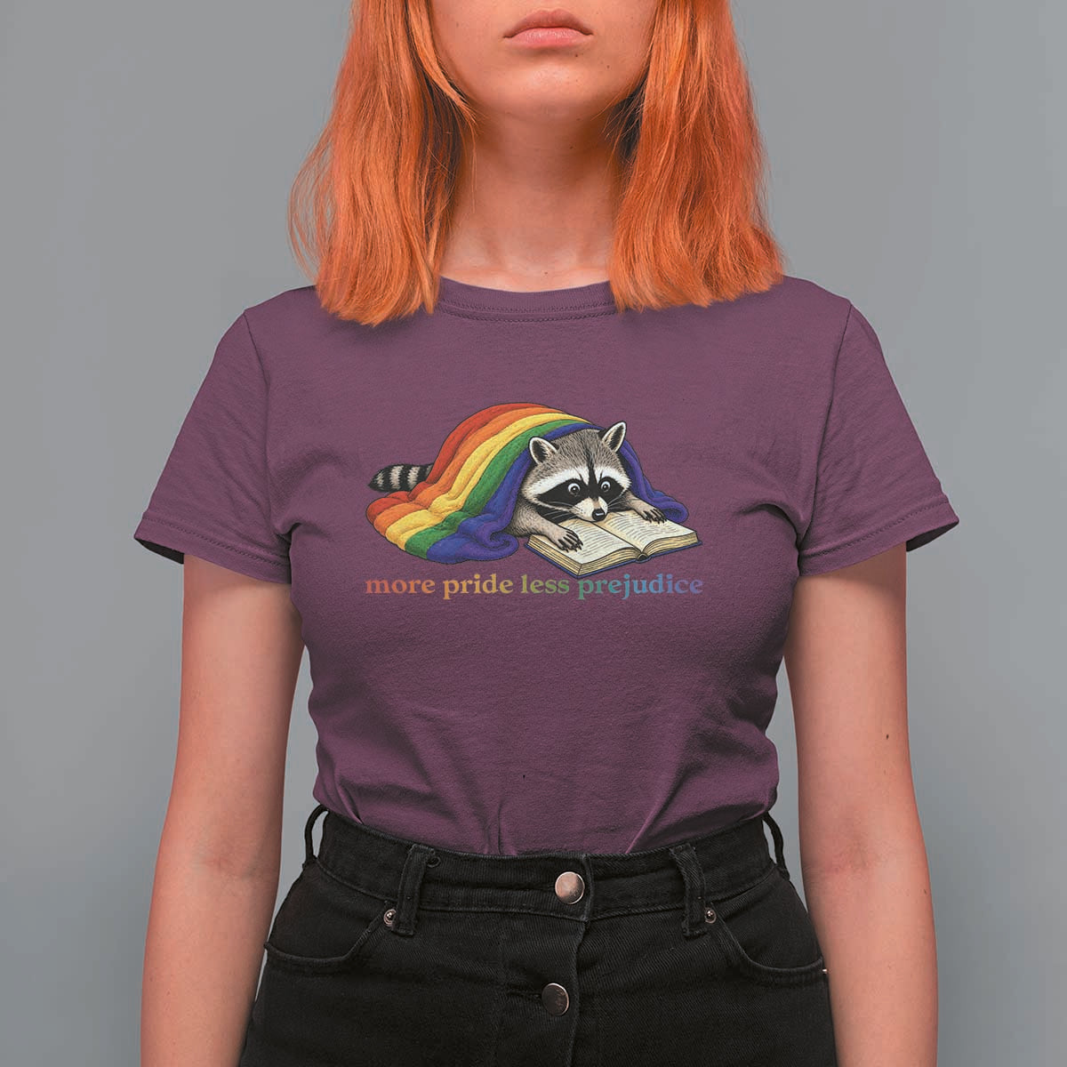 More Pride Less Prejudice T Shirt For Women LGBT Raccoon Book Lover