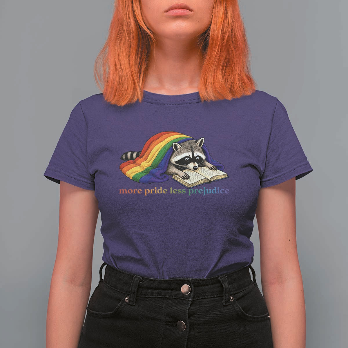More Pride Less Prejudice T Shirt For Women LGBT Raccoon Book Lover