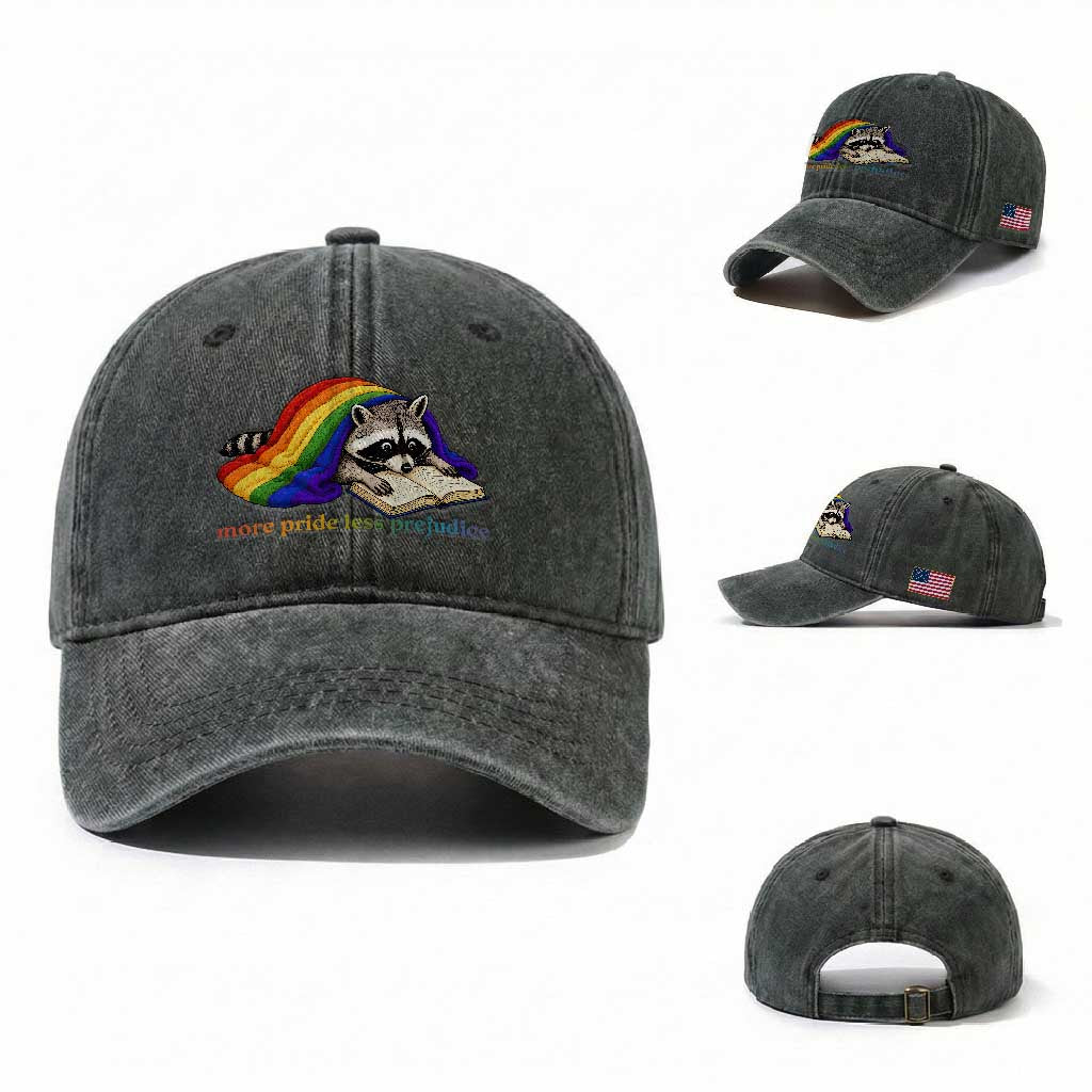 More Pride Less Prejudice Washed Cotton Baseball Cap LGBT Raccoon Book Lover