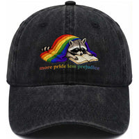 More Pride Less Prejudice Washed Cotton Baseball Cap LGBT Raccoon Book Lover