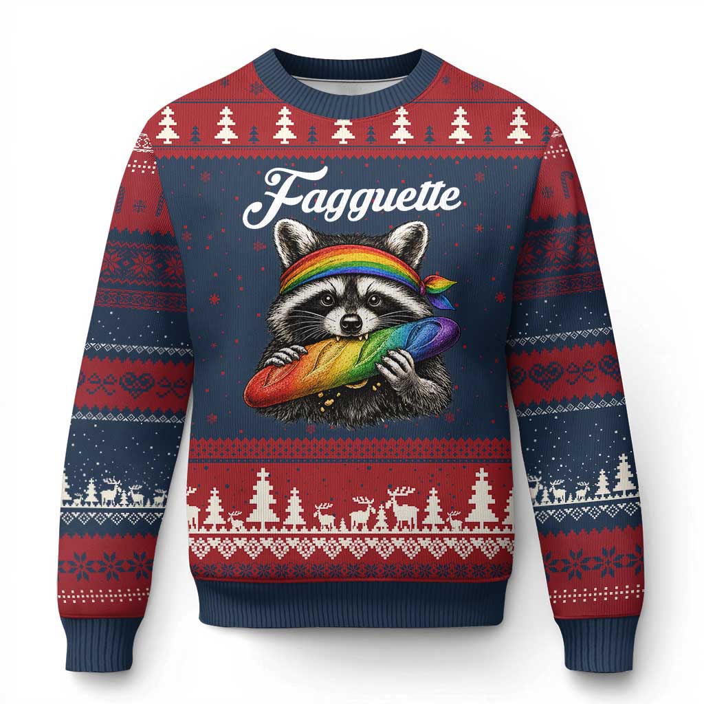 Faguette LGBTQ Ugly Christmas Sweater Funny Pride Raccoon Rainbow