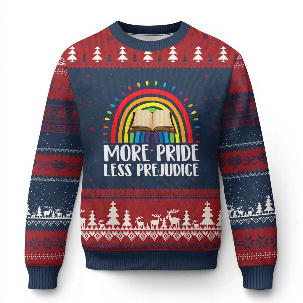 More Pride Less Prejudice Ugly Christmas Sweater LGBTQ Pride Month Book Lover