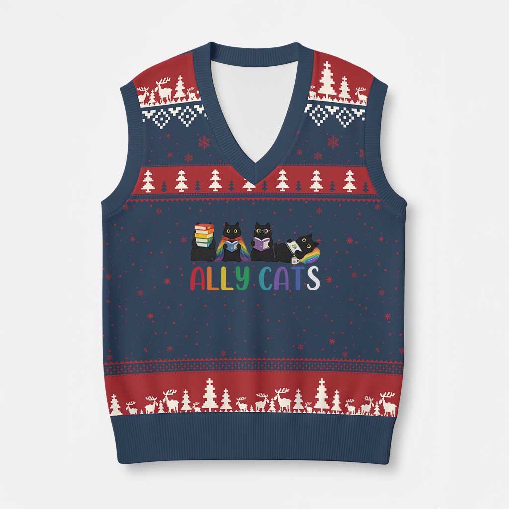Rainbow Pride Ally Cats V-Neck Knit Sweater Vest LGBTQ Inclusion Cat Lover Gift