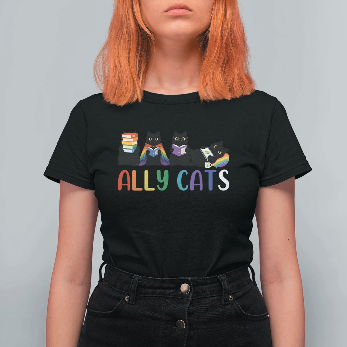 Rainbow Pride Ally Cats T Shirt For Women LGBTQ Inclusion Cat Lover Gift