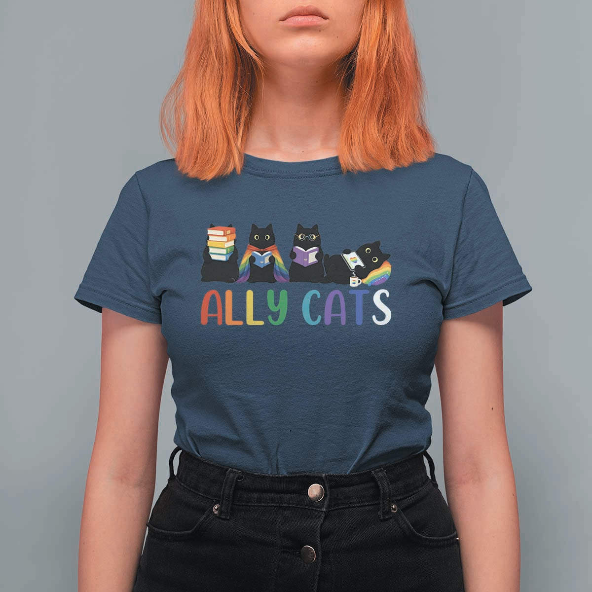 Rainbow Pride Ally Cats T Shirt For Women LGBTQ Inclusion Cat Lover Gift