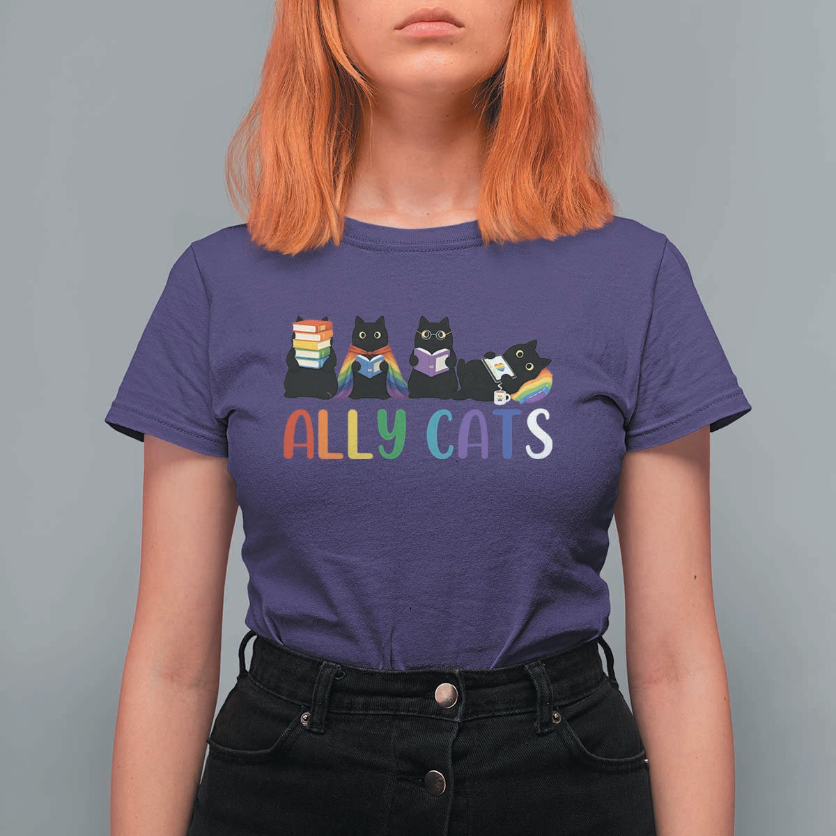 Rainbow Pride Ally Cats T Shirt For Women LGBTQ Inclusion Cat Lover Gift