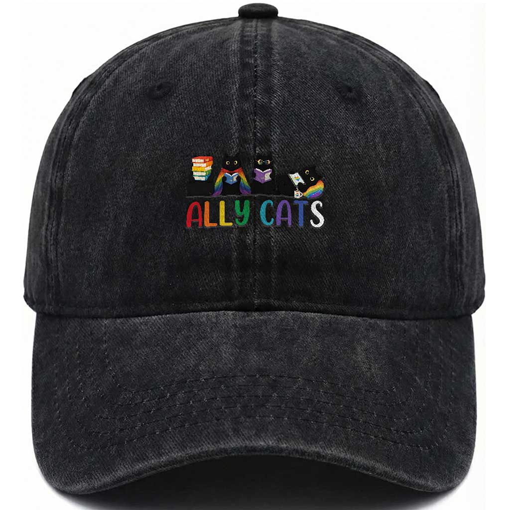 Rainbow Pride Ally Cats Washed Cotton Baseball Cap LGBTQ Inclusion Cat Lover Gift