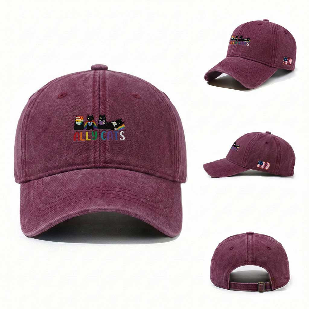Rainbow Pride Ally Cats Washed Cotton Baseball Cap LGBTQ Inclusion Cat Lover Gift