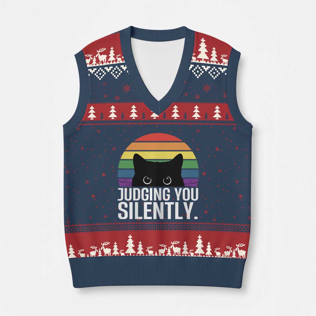 Rainbow Black Cat LGBT Pride V-Neck Knit Sweater Vest Judging You Silently