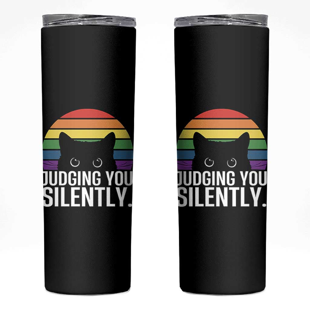 Rainbow Black Cat LGBT Pride Skinny Tumbler Judging You Silently