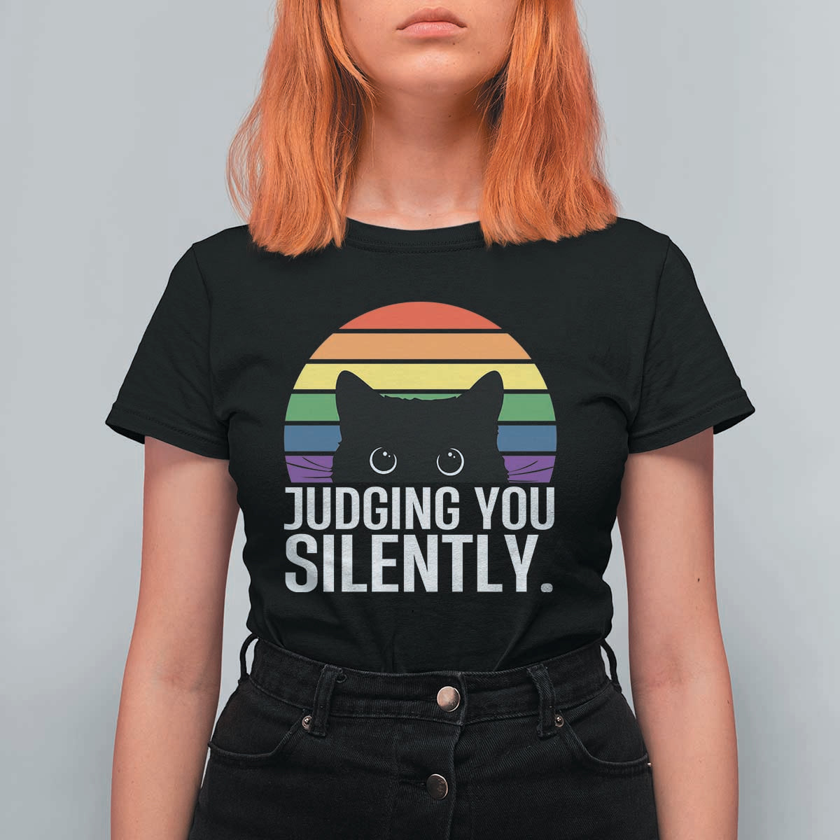 Rainbow Black Cat LGBT Pride T Shirt For Women Judging You Silently