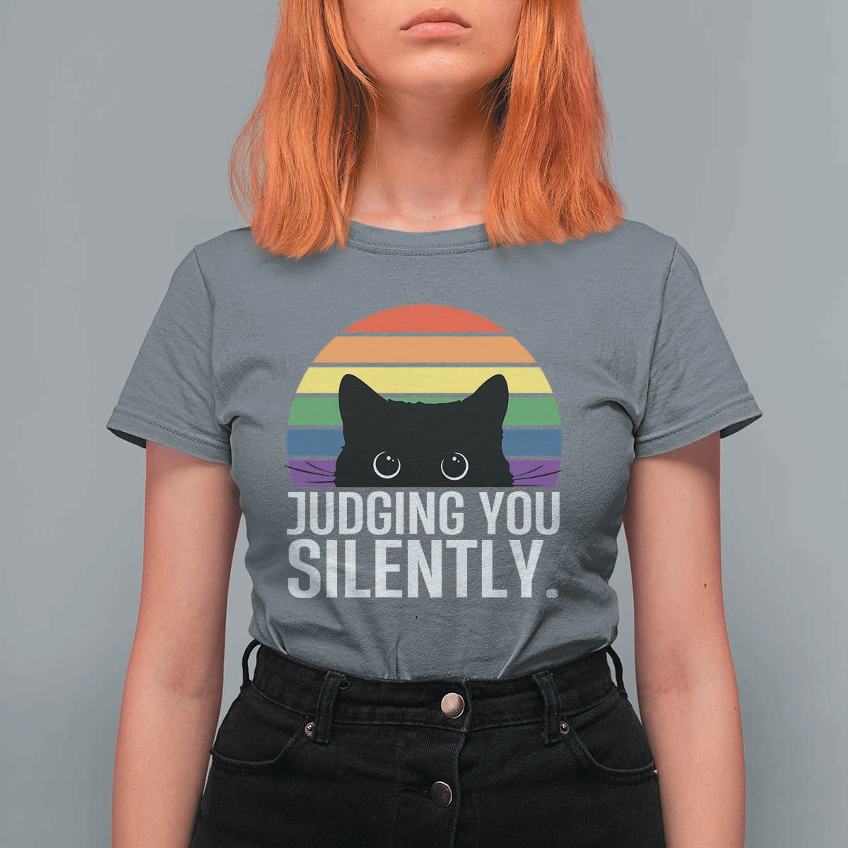 Rainbow Black Cat LGBT Pride T Shirt For Women Judging You Silently