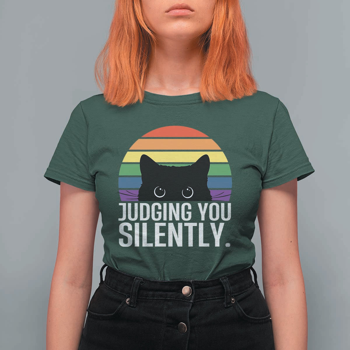 Rainbow Black Cat LGBT Pride T Shirt For Women Judging You Silently