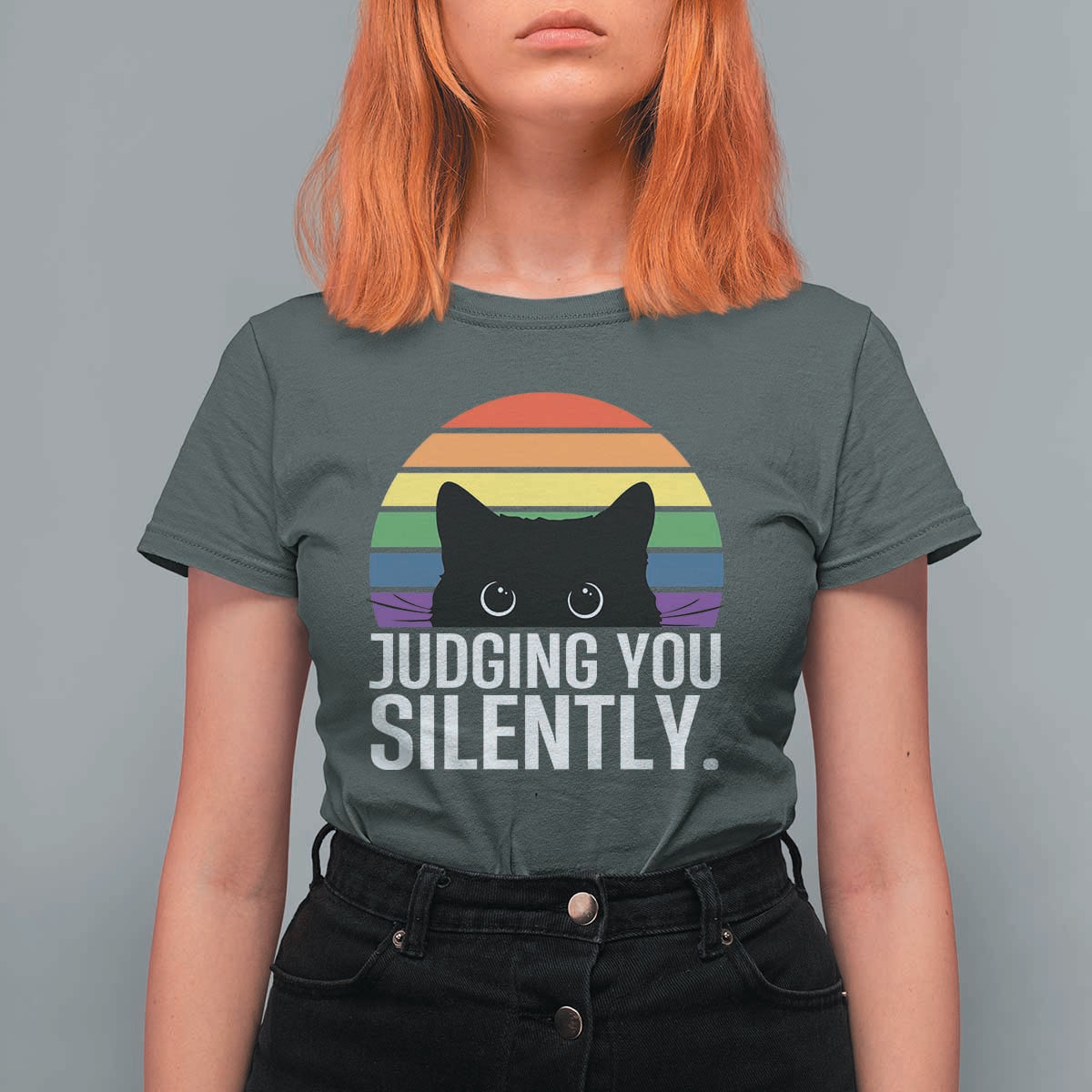 Rainbow Black Cat LGBT Pride T Shirt For Women Judging You Silently