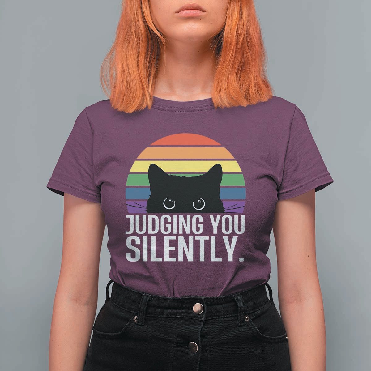 Rainbow Black Cat LGBT Pride T Shirt For Women Judging You Silently