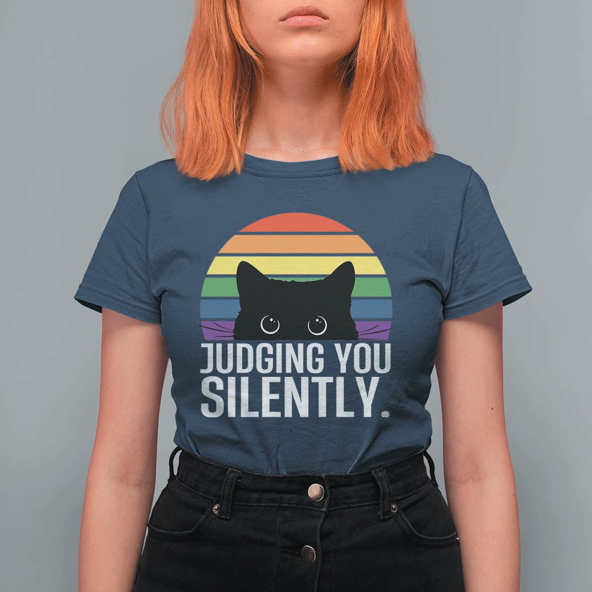 Rainbow Black Cat LGBT Pride T Shirt For Women Judging You Silently