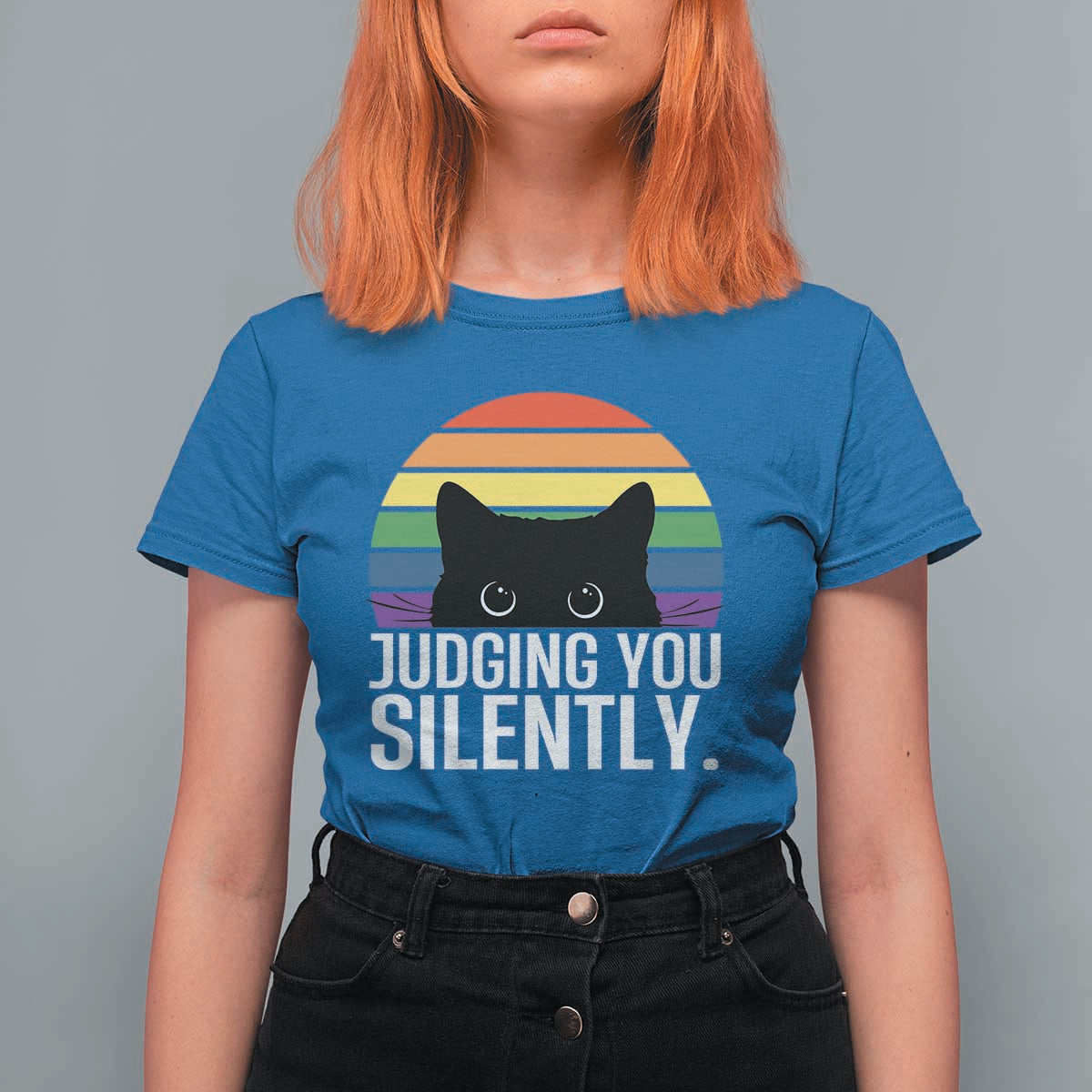 Rainbow Black Cat LGBT Pride T Shirt For Women Judging You Silently