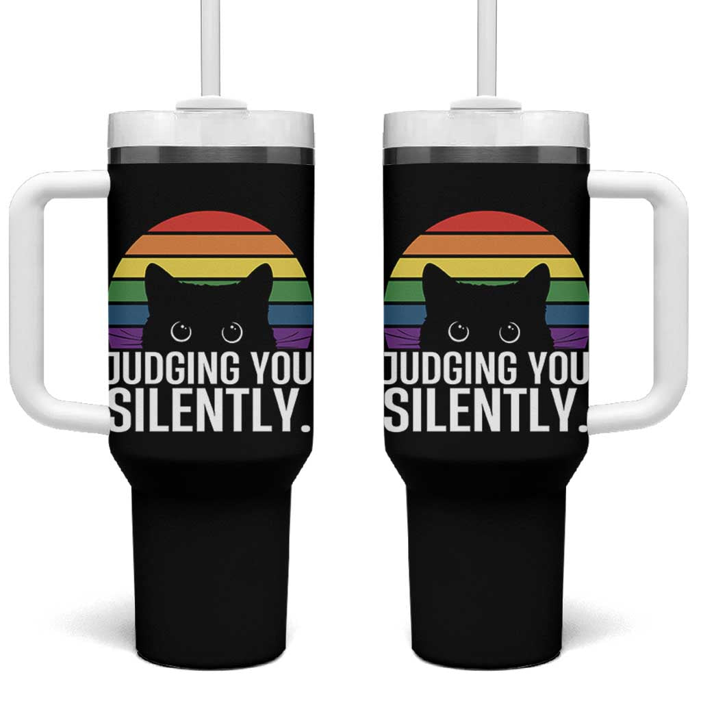 Rainbow Black Cat LGBT Pride Tumbler With Handle Judging You Silently