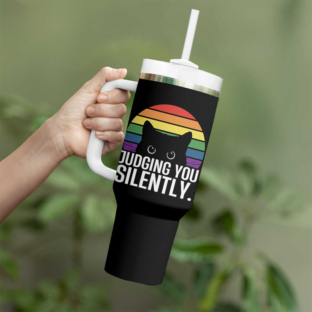 Rainbow Black Cat LGBT Pride Tumbler With Handle Judging You Silently