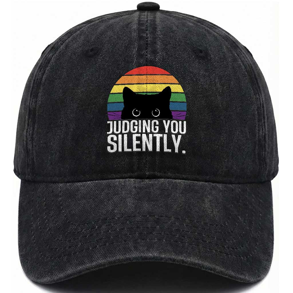 Rainbow Black Cat LGBT Pride Washed Cotton Baseball Cap Judging You Silently