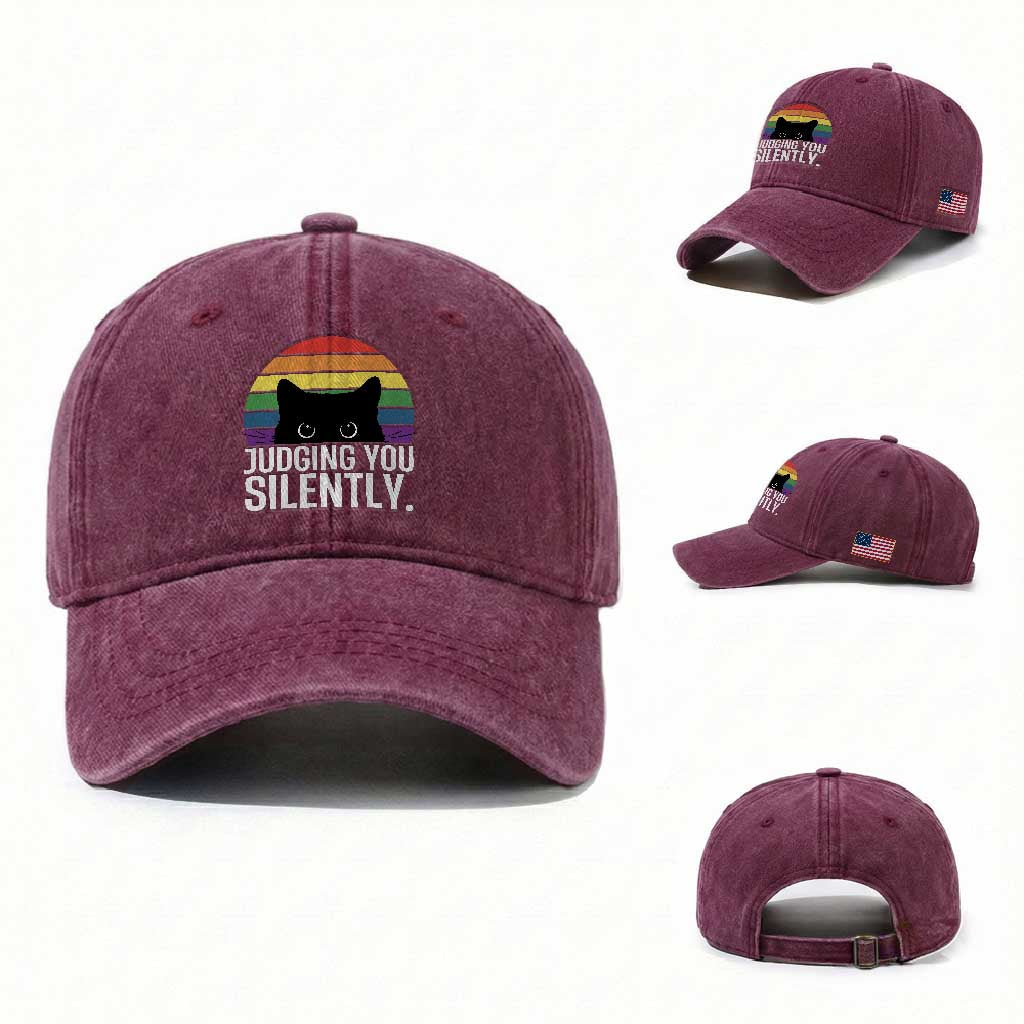 Rainbow Black Cat LGBT Pride Washed Cotton Baseball Cap Judging You Silently