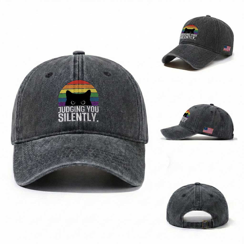 Rainbow Black Cat LGBT Pride Washed Cotton Baseball Cap Judging You Silently