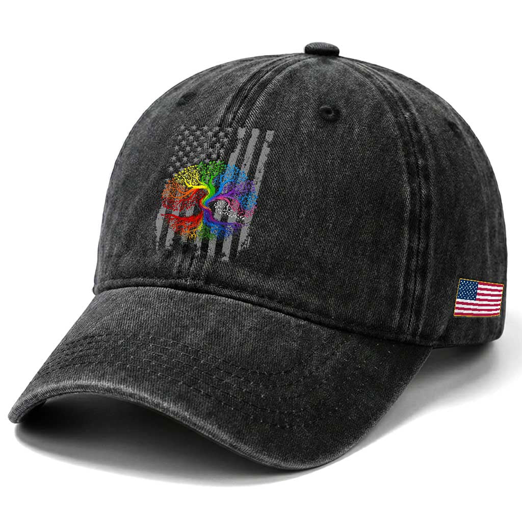 Tree of Life Rainbow LGBTQ Pride Washed Cotton Baseball Cap American Flag Gift
