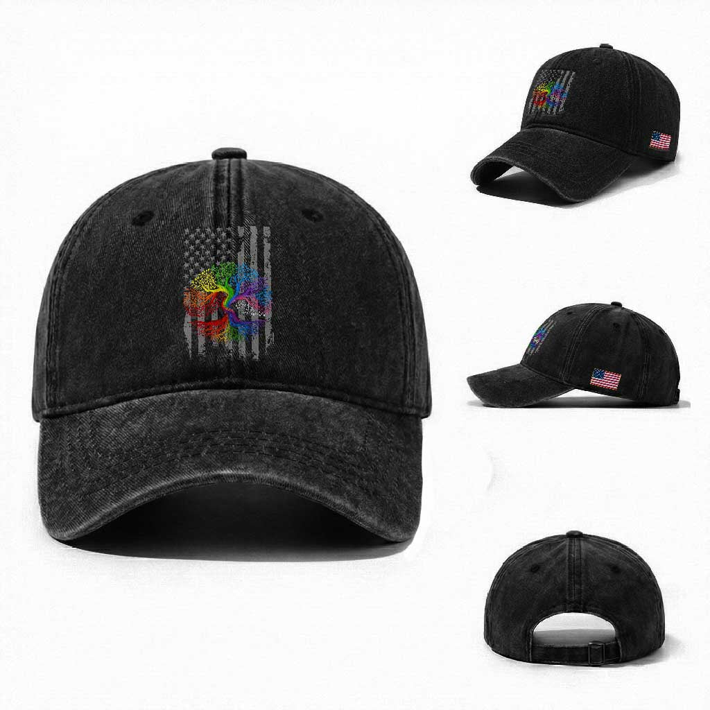 Tree of Life Rainbow LGBTQ Pride Washed Cotton Baseball Cap American Flag Gift