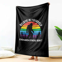 Retro Rainbow Bigfoot Throw Blanket Believe In Yourself Even When Others Don't