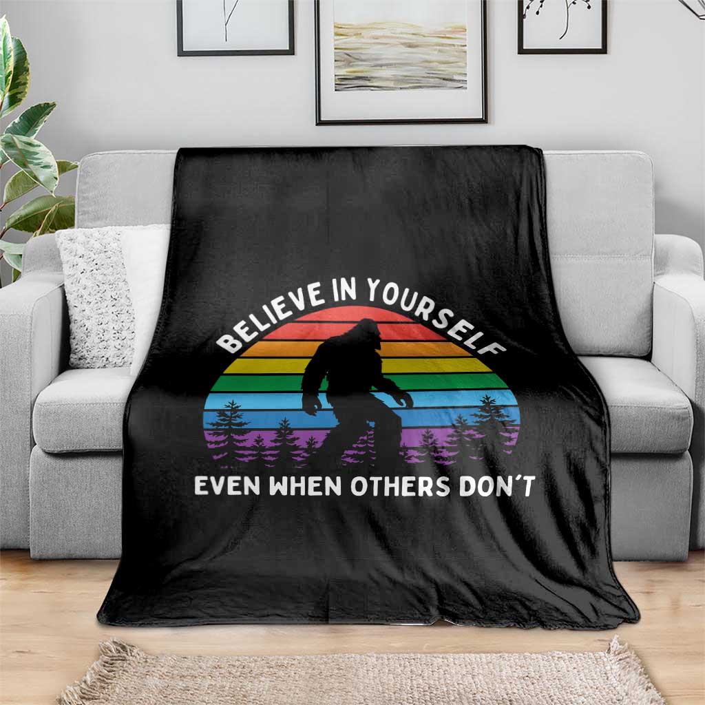 Retro Rainbow Bigfoot Throw Blanket Believe In Yourself Even When Others Don't