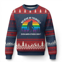 Retro Rainbow Bigfoot Ugly Christmas Sweater Believe In Yourself Even When Others Don't