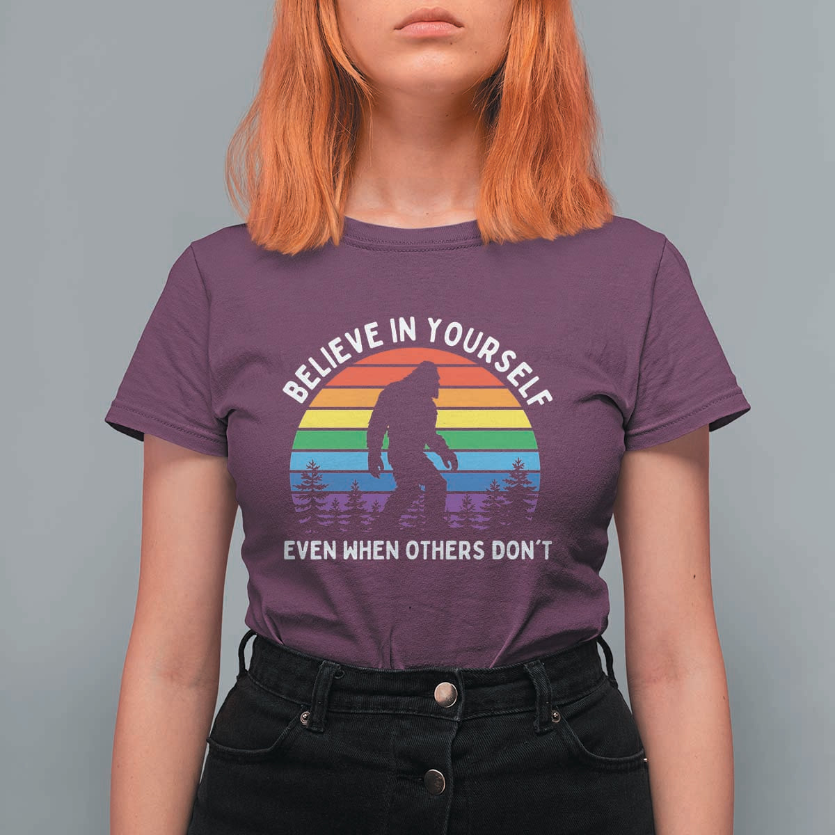Retro Rainbow Bigfoot T Shirt For Women Believe In Yourself Even When Others Don't