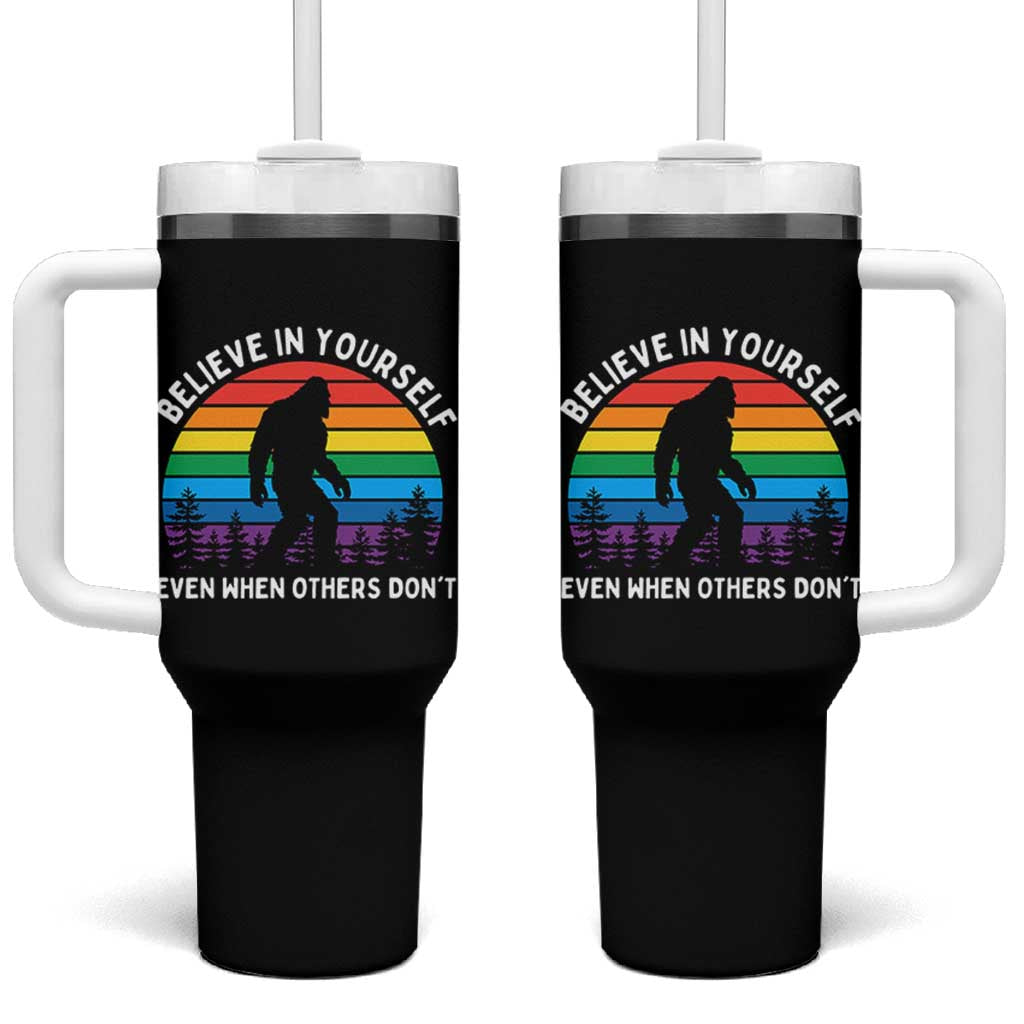 Retro Rainbow Bigfoot Tumbler With Handle Believe In Yourself Even When Others Don't
