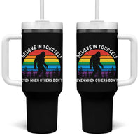 Retro Rainbow Bigfoot Tumbler With Handle Believe In Yourself Even When Others Don't