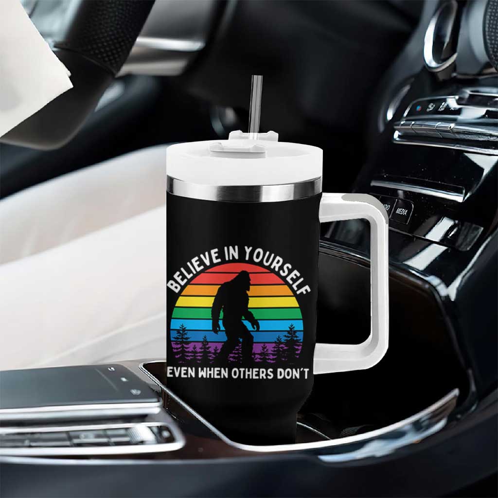 Retro Rainbow Bigfoot Tumbler With Handle Believe In Yourself Even When Others Don't