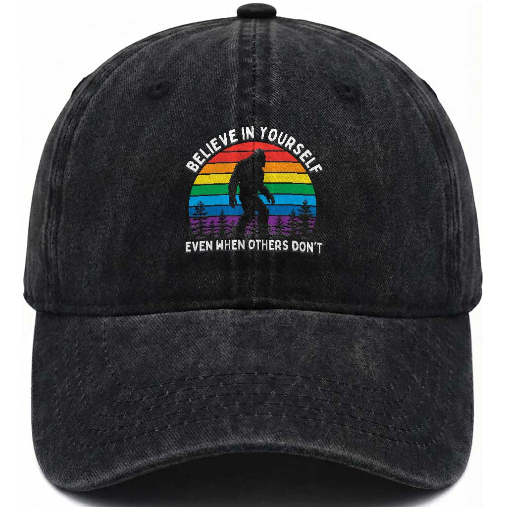 Retro Rainbow Bigfoot Washed Cotton Baseball Cap Believe In Yourself Even When Others Don't