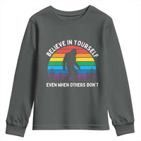 Retro Rainbow Bigfoot Youth Sweatshirt Believe In Yourself Even When Others Don't