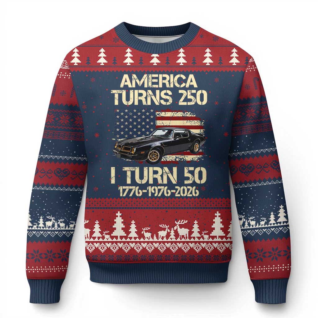 America Turns 250 I Turn 50 1976 50th Birthday Ugly Christmas Sweater Retro 70s Muscle Car Lover